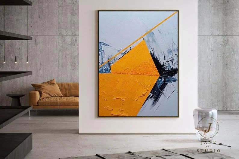 Black Original Hand-painted Hallway Yellow Living Abstract Canvas 15FUW
